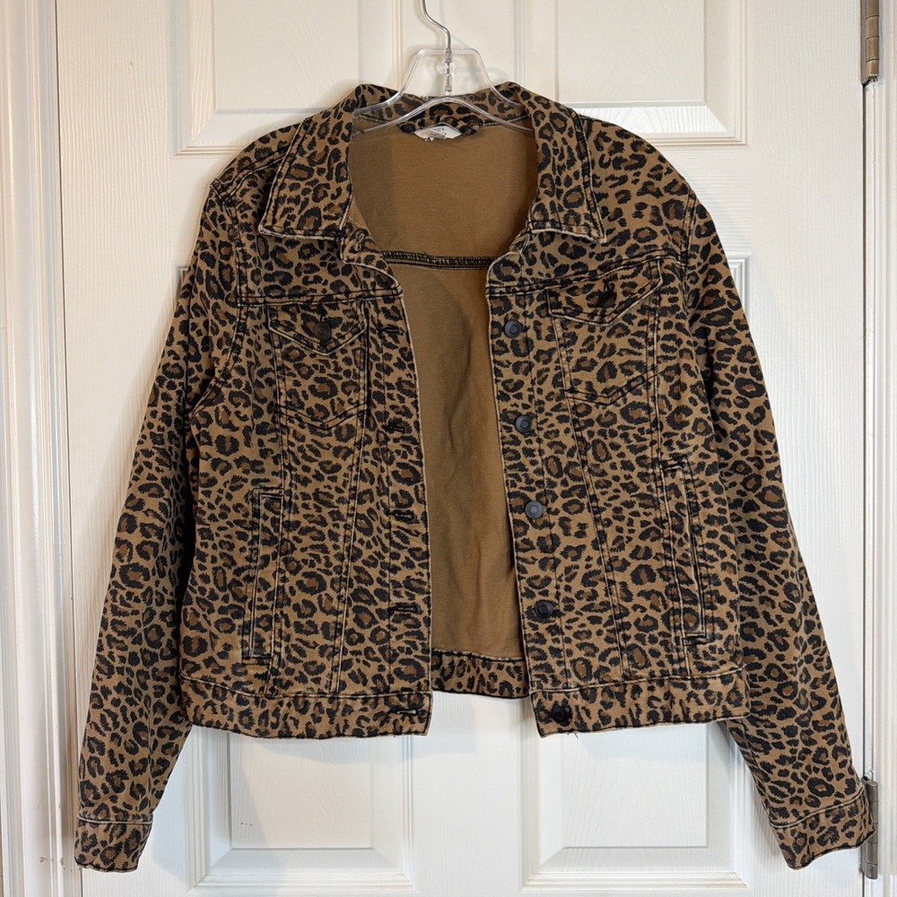 Leopard Print Denim Grunge Chic Statement Neutral Effortless Jacket Sz  Large